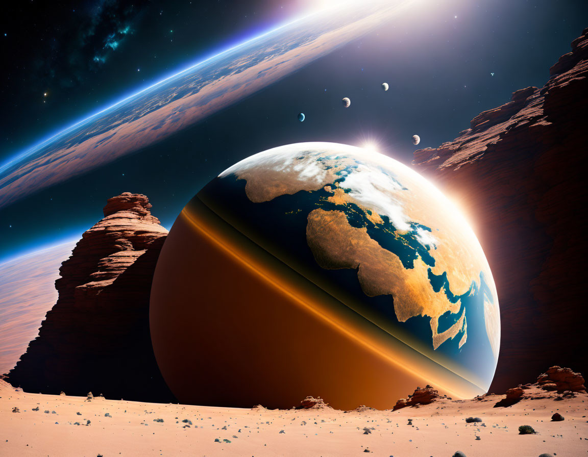 Surreal landscape with Earth-like planet and alien terrain