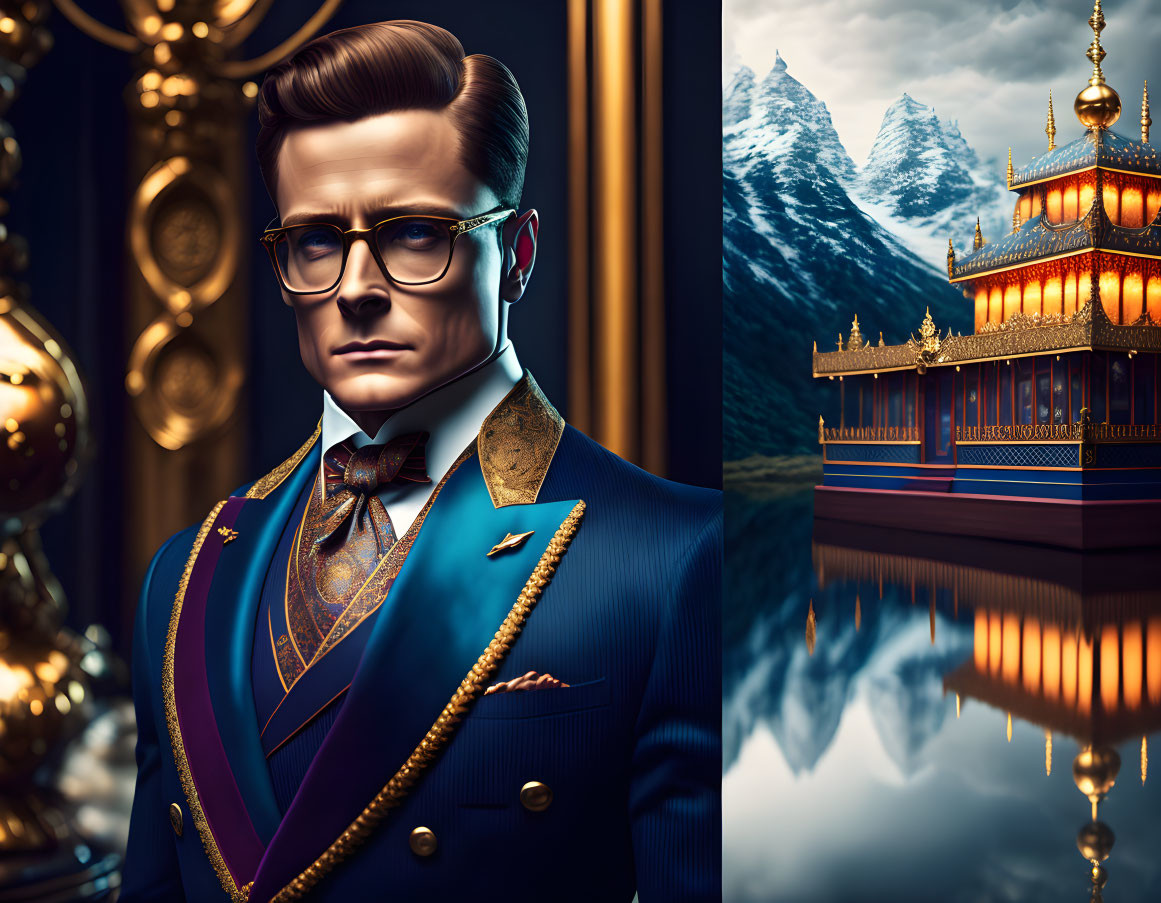 Stylized illustration of a man in glasses next to ornate temple and mountains.