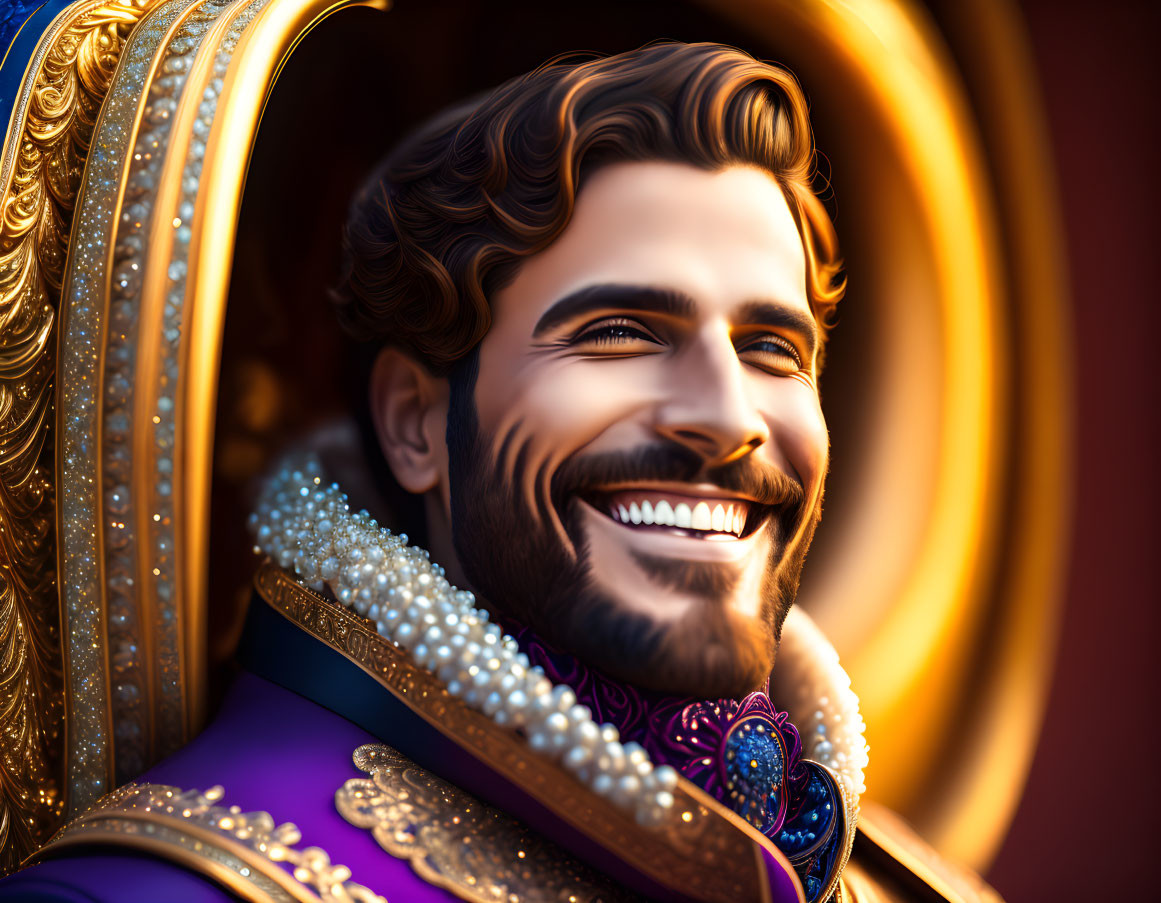 Bearded man in regal attire smiling on ornate background