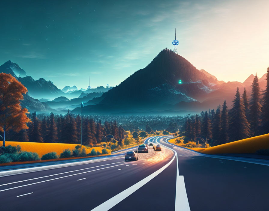 Twilight highway with vehicles, golden-lit trees, mountain tower, starry sky