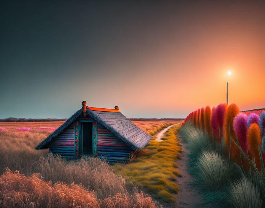 Wooden cabin with orange roof in serene field at sunset with surreal bush-like formations