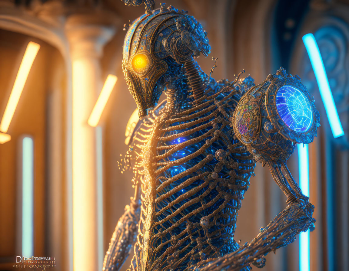 Detailed robotic figure with glowing eye and illuminated blue element on torso in warm lit background