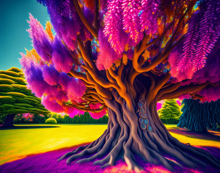 Fantastical twisted trunk tree in vibrant colors