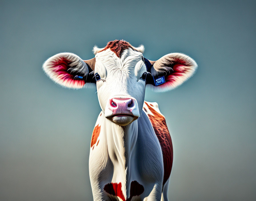 Brown and White Cow with Tag-Marked Ears on Soft Blue Background