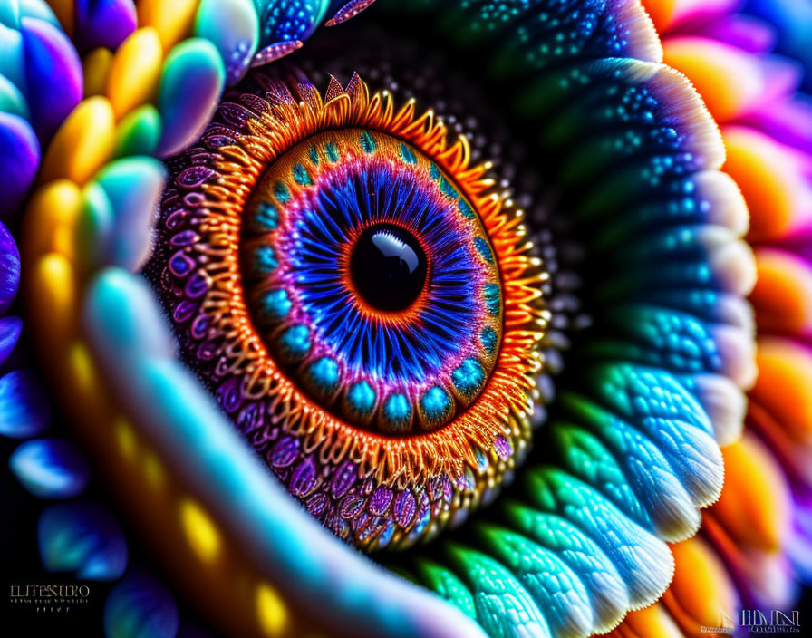 Detailed close-up of vibrant, colorful eye with feather-like patterns.