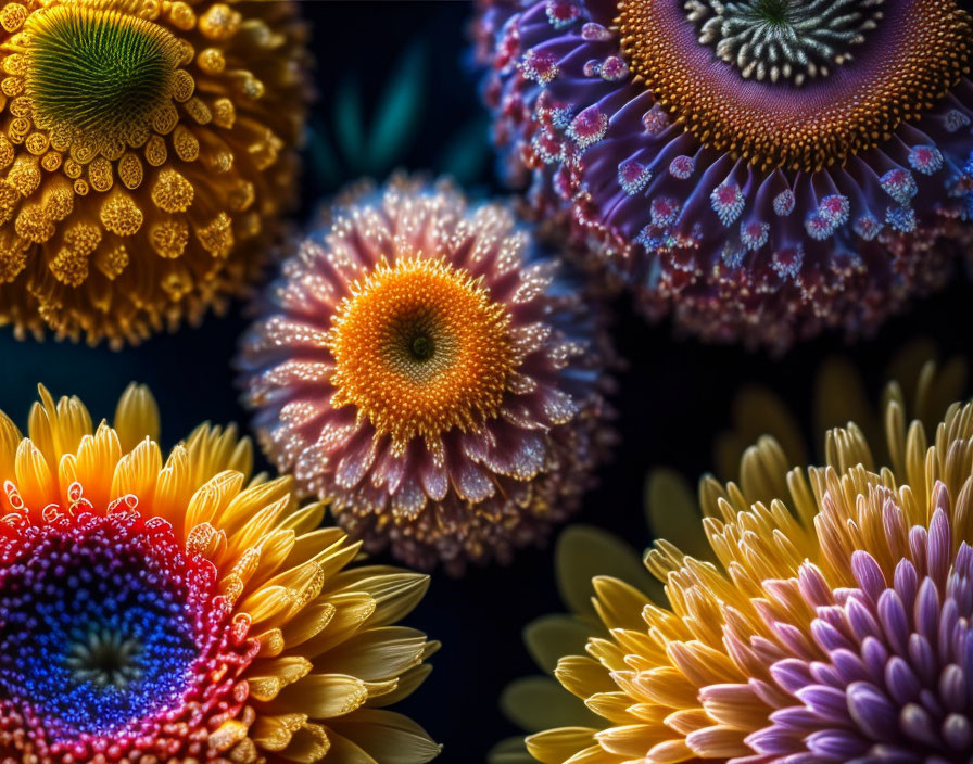 Colorful Sea Urchins with Intricate Spines on Dark Background