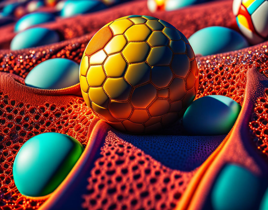 Colorful 3D illustration of orange hexagonal ball on netted surface