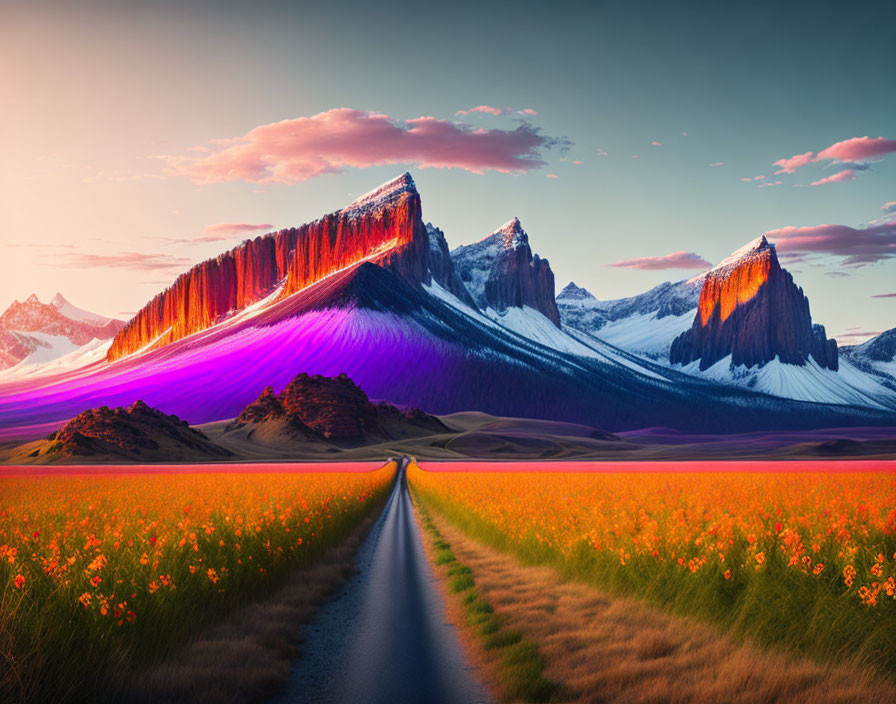 Vibrant orange fields, straight road, purple-lit mountains at sunset