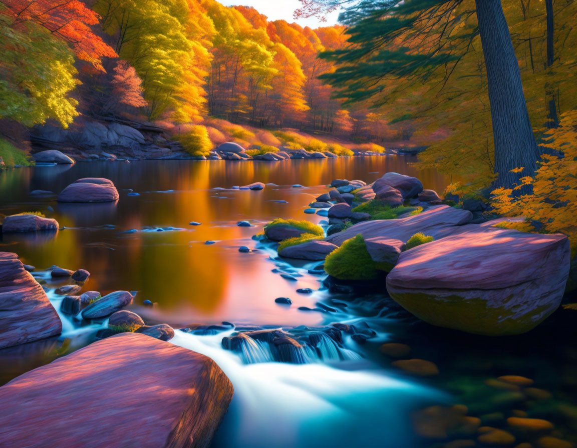 Tranquil autumn landscape with golden foliage, river reflection, rocks, and waterfall