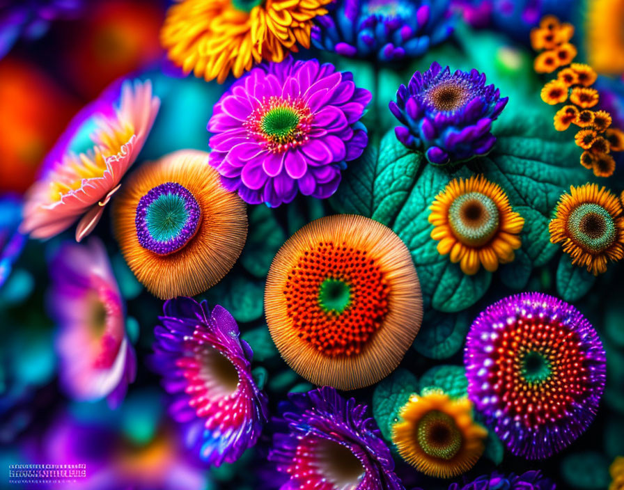 Colorful Flowers with Intricate Patterns and Lush Green Leaves