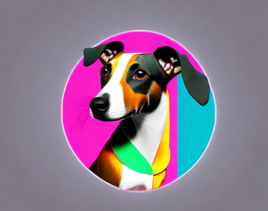 Stylized dog digital art with multicolored background in elliptical frame