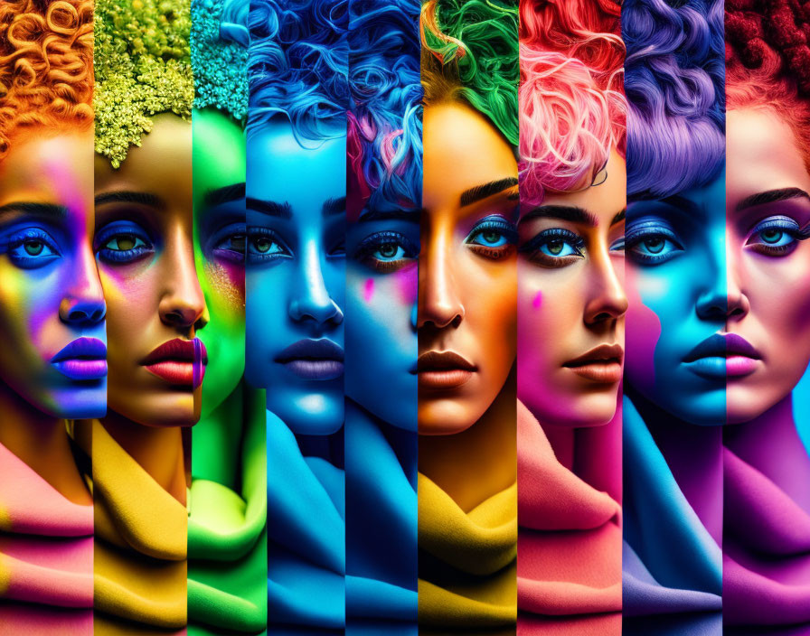 Colorful Female Portraits Collage with Rainbow Lighting