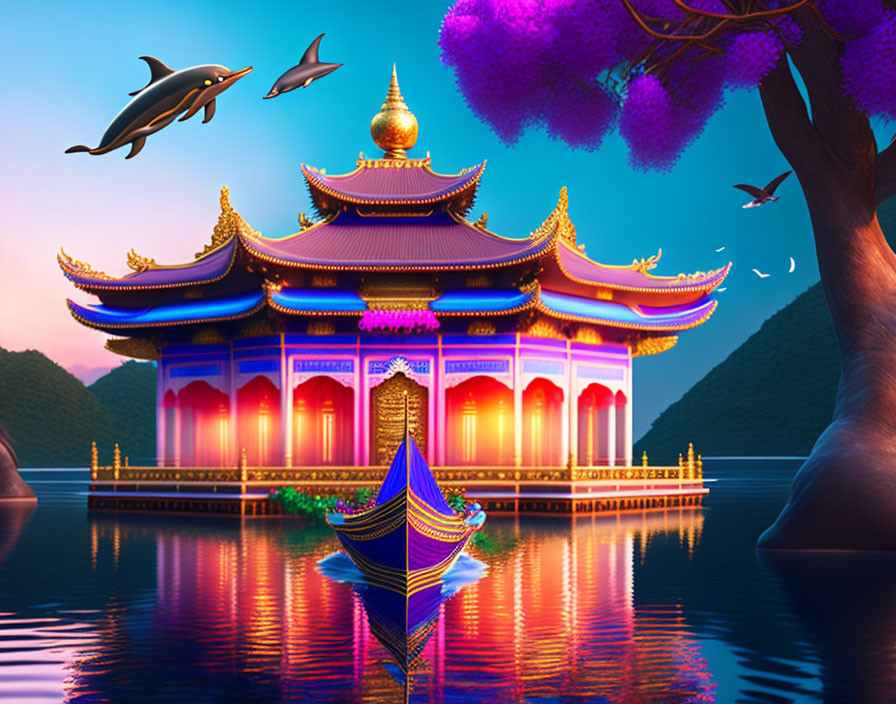 Digital artwork: Asian pagoda by serene lake at twilight with boat, dolphins, and purple foliage