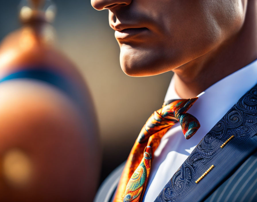 Sharp focus on well-dressed man's suit and tie knot