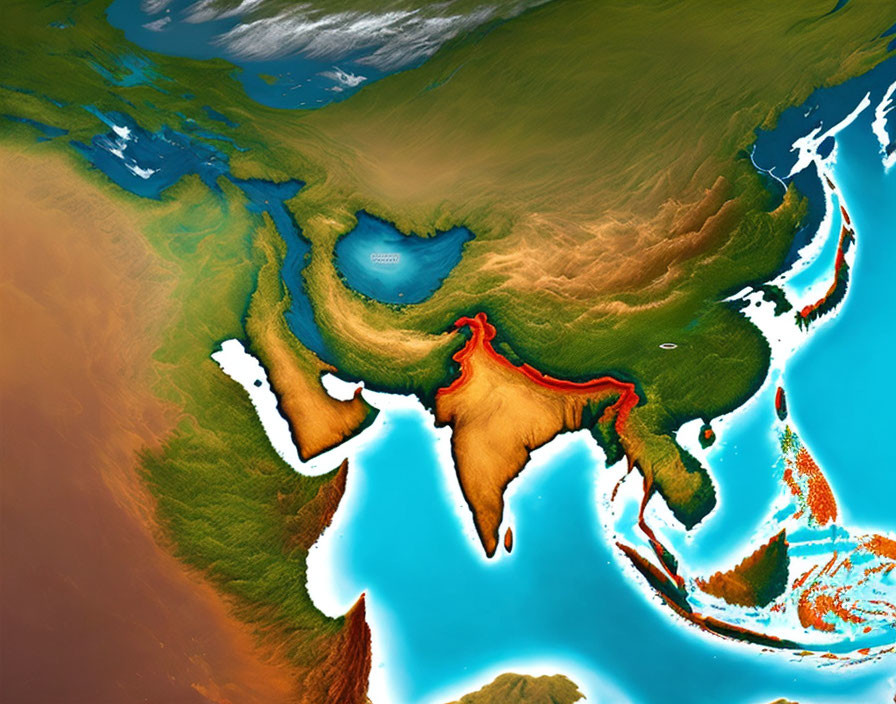 Detailed Topographic Map: South Asia, India's Peninsula, Himalayas North, Indian Ocean South