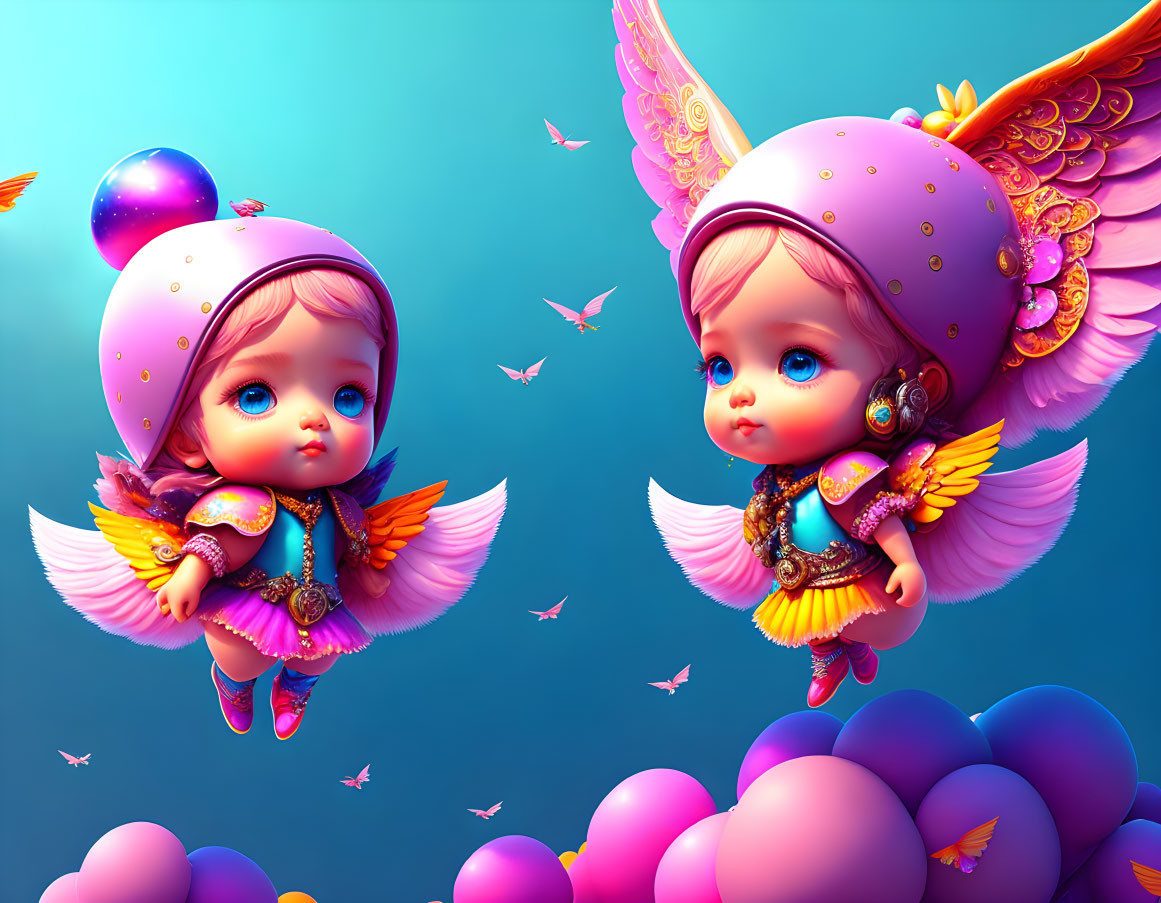 Whimsical winged toddler characters in futuristic outfits among pink clouds