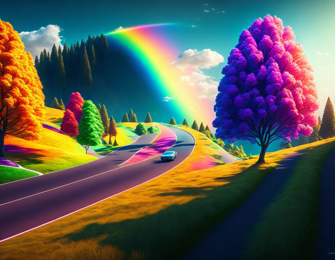 Colorful Trees, Winding Road, Rainbow, Car in Bright Landscape