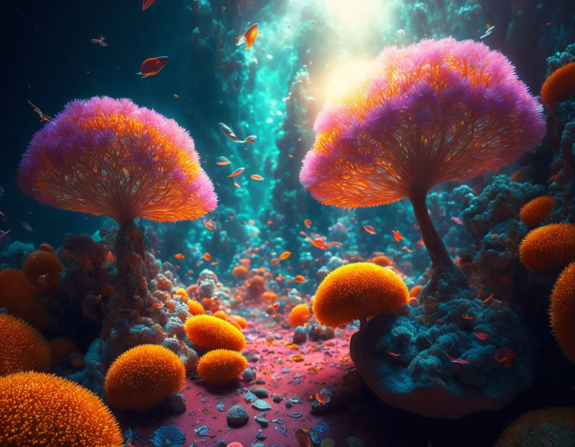 Colorful coral trees and fish in sunlit underwater scene