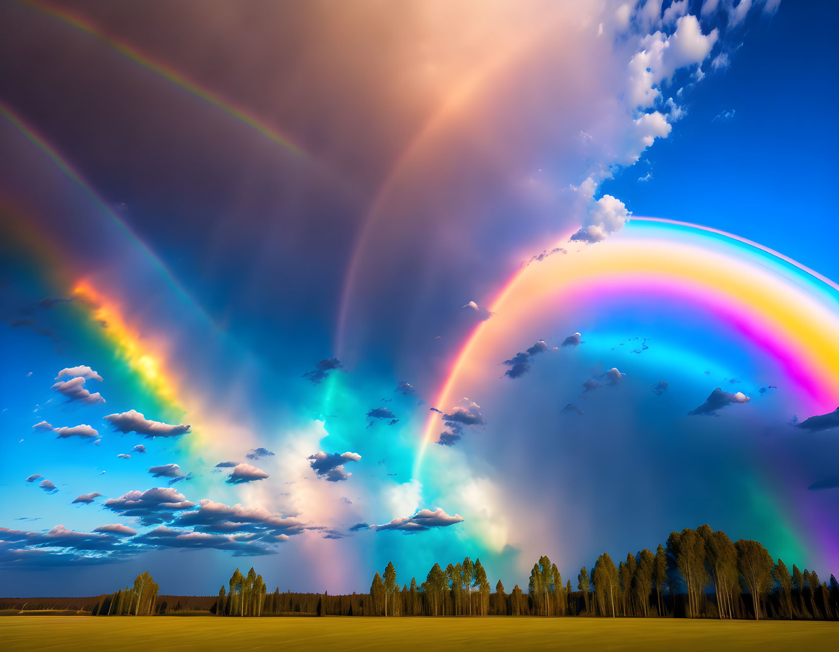 Double rainbow over colorful landscape with trees and blue sky