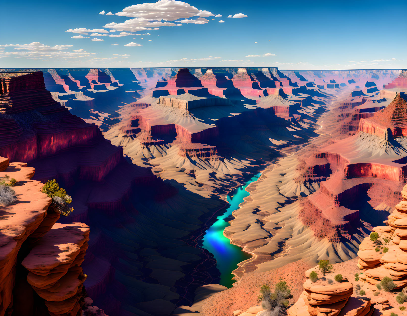 Grand Canyon landscape: vibrant blue skies, steep cliffs, winding river