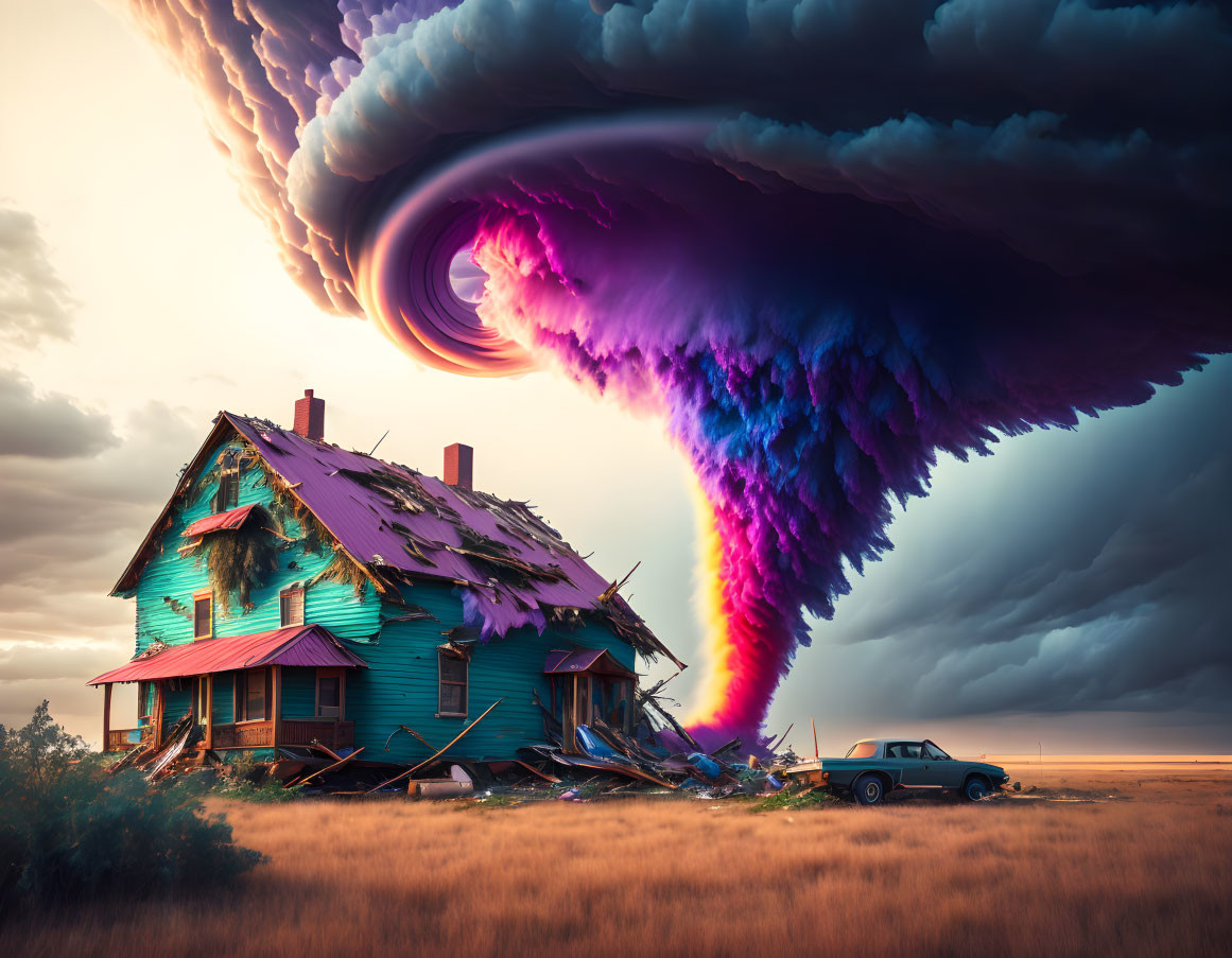 Vibrant tornado near abandoned house with classic car under dramatic sky