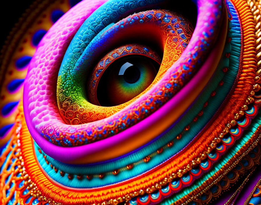 Abstract colorful eye digital artwork with intricate swirling patterns in blue, orange, and purple