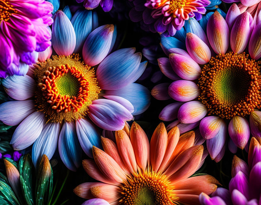 Detailed Close-Up of Vibrant Multi-Colored Flowers