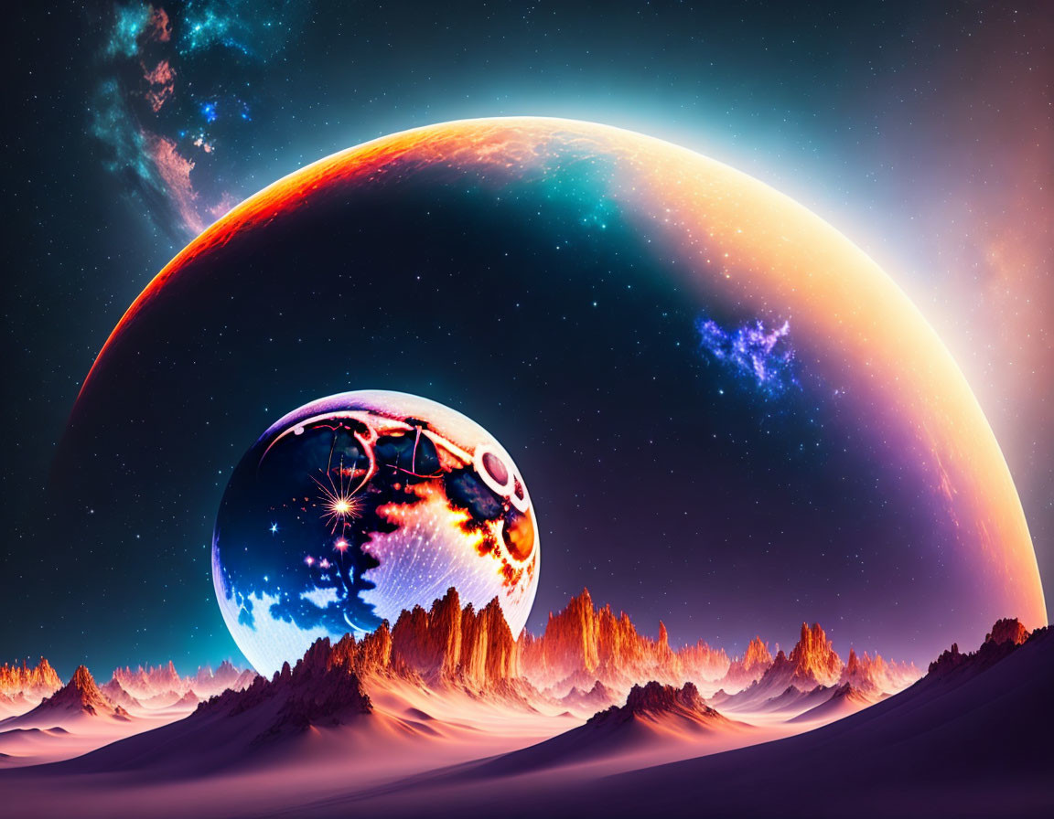 Colorful planet and celestial bodies in sci-fi landscape