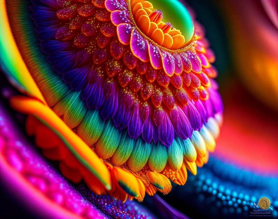 Colorful Close-Up of Intricate Feather-Like Patterns in Orange, Purple, Green, and Blue