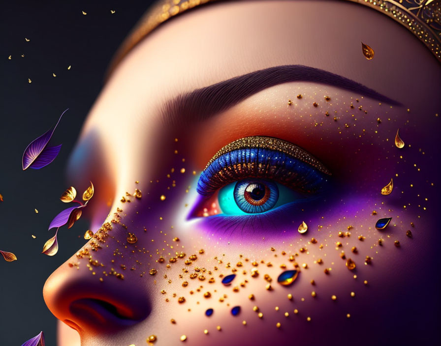 Detailed illustration of woman's eye with gold accents and blue color, surrounded by floating petals.