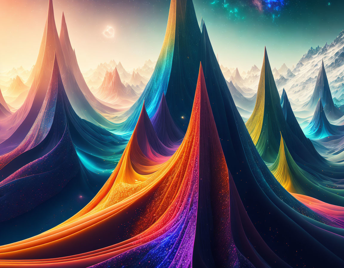 Colorful Wavy Mountain Peaks in Surreal Digital Landscape