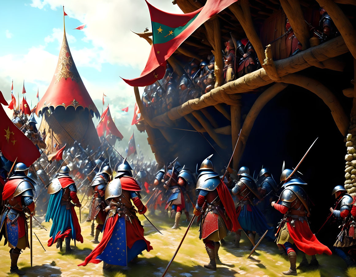 Medieval armored soldiers marching under banners near a wooden fortress