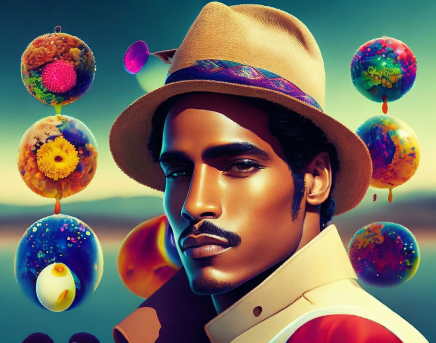 Colorful Abstract Portrait of Man with Mustache and Fedora against Teal Background