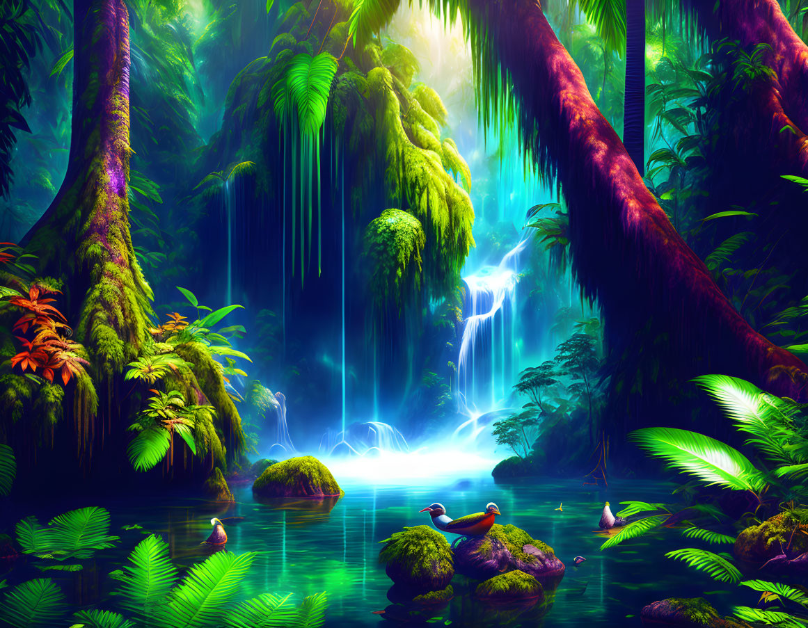 Colorful Jungle with Waterfall, Ducks, and Serene Pond