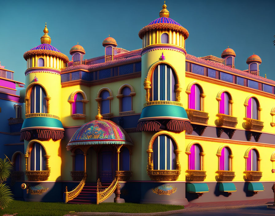 Colorful Building with Domed Towers at Sunset