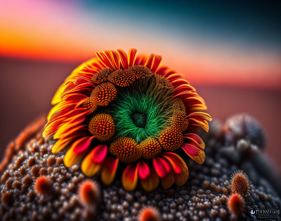 Colorful Flower Macro Shot with Blurred Sunset Background