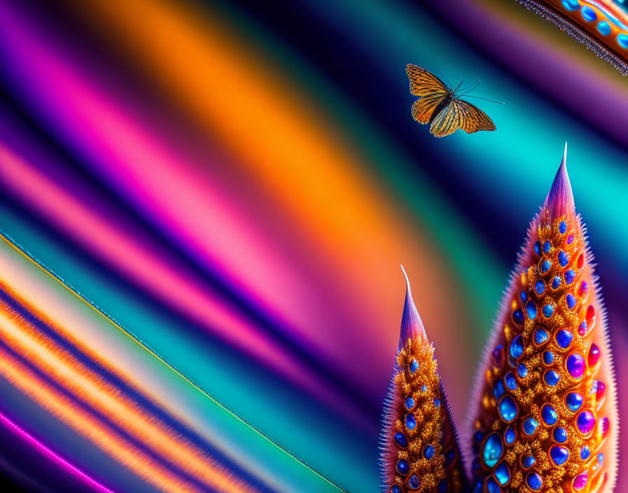 Colorful Butterfly Flying Amid Abstract Background with Textured Objects