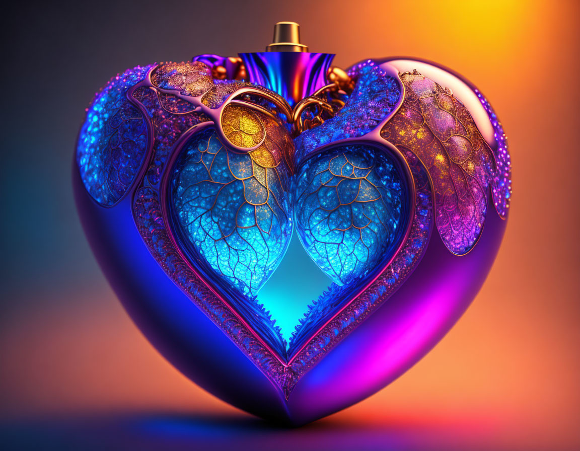 Ornate heart-shaped bottle with glowing blue core on warm gradient background