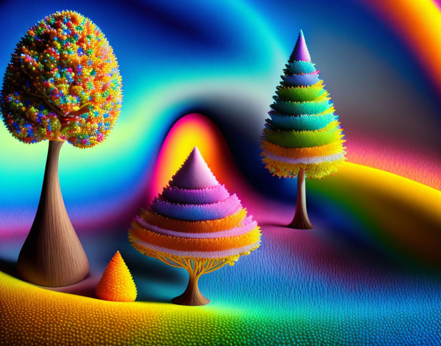 Vibrant 3D Landscape: Colorful Trees on Rainbow Background