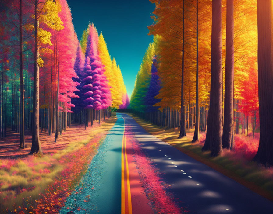 Colorful Autumn Road with Multicolored Trees and Bright Sky