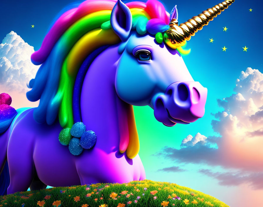 Colorful Purple Unicorn with Rainbow Mane on Meadow Under Blue Sky