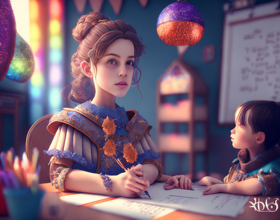 Historical attire woman teaches child in cozy 3D-rendered interior