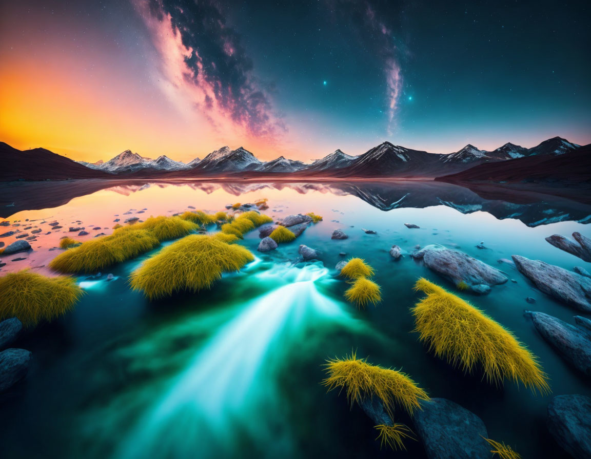 Scenic twilight sky reflected in mountain lake with snow-capped peaks