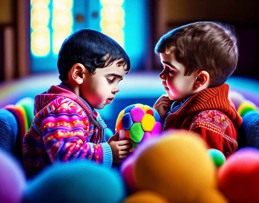 Children playing with colorful balls in bright room with stained glass windows