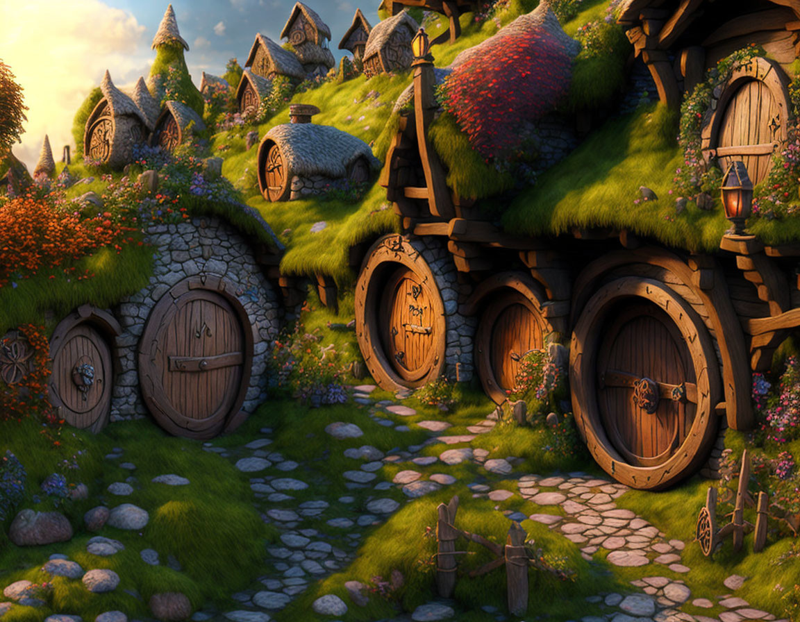 Fantasy village with hobbit-style houses in grassy hills