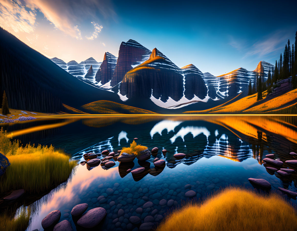 Tranquil mountain landscape with lake reflection at twilight