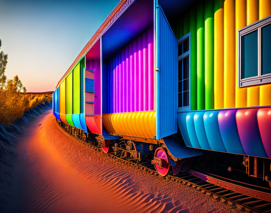 Colorful Train Carriages on Desert Track at Sunset