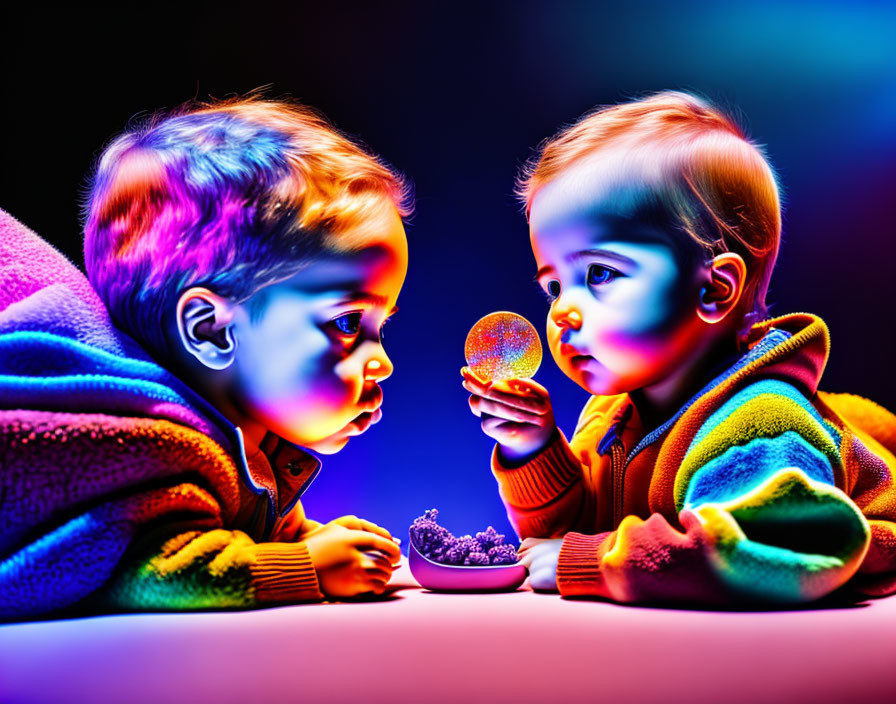 Colorful Lighting: Two Toddlers with Glass Ball & Vibrant Sweaters