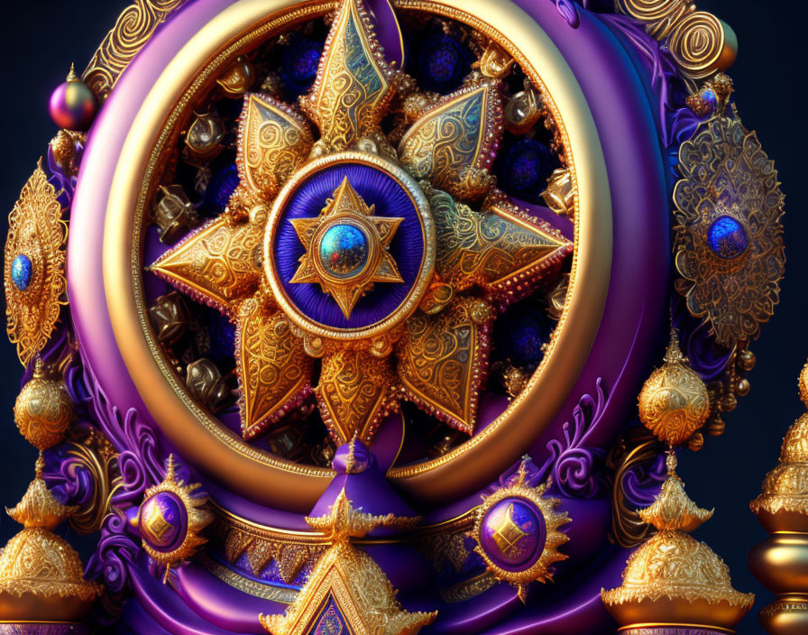 Detailed 3D mandala design with golden, purple, and gemstone elements