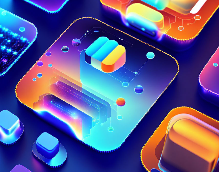 Colorful 3D digital art: Floating neon app icons with abstract elements